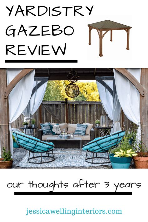 We bought the beautiful cedar gazebo kit by Yardistry Structures 4 years ago. Here's our honest review, and photos of it. Cedar Gazebo Ideas, Costco Gazebo Ideas Backyard, Room Sitting Area Ideas, Living Room Sitting Area Ideas, Boho Sitting Area, Costco Pergola, Yardistry Gazebo, Patio Gazebo Decorating Ideas, Costco Gazebo