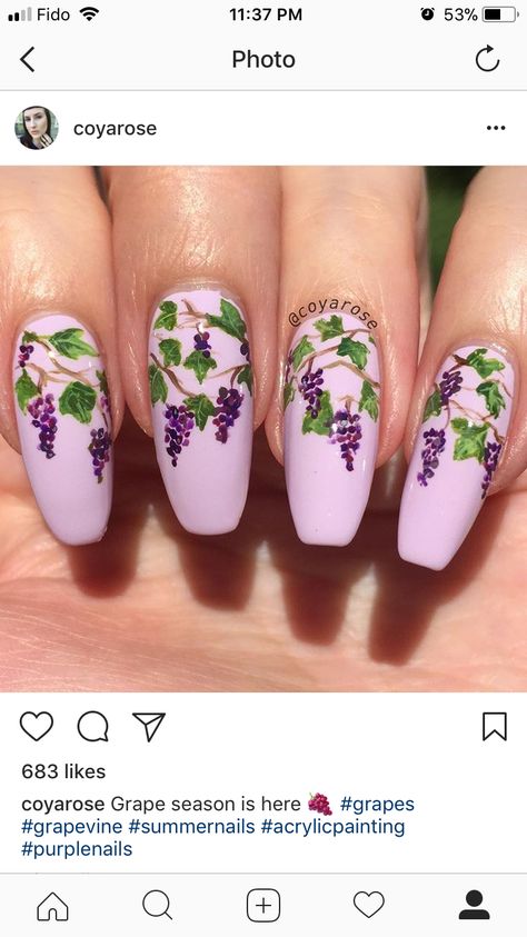 Winery Nail Designs, Grape Nail Art, Grape Nails Design, Grapes Nails, Italia Nails, Grape Nails, Unusual Nail Designs, Fruit Nails, Cartoons Movies