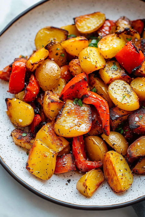 Perfectly Roasted Bell Peppers and Potatoes Recipe for a Quick Meal Recipes With Small Peppers, Red Pepper Side Dish Recipes, Side Dishes With Peppers, Tri Color Peppers Recipe, Sweet Bell Pepper Recipes, Bell Pepper Recipes Side Dish, Roasted Potatoes And Peppers, Peppers Side Dish, Bell Pepper Side Dish