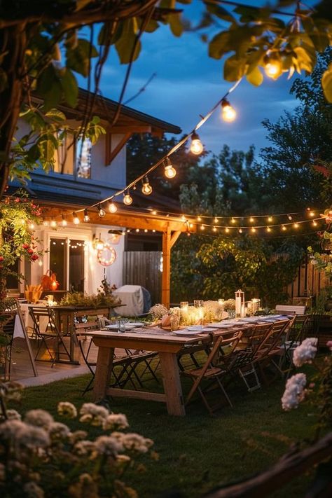 French Country, Cottage & Farmhouse | PERFECT ✨ | Facebook Country Backyard Party, Nighttime Backyard Party, Hosting Backyard Party, Backyard Hosting Ideas, Patio Birthday Party Ideas, Classy Backyard Party, Backyard Party Setup Ideas, Party At Home Aesthetic, Fun Backyard Party Ideas