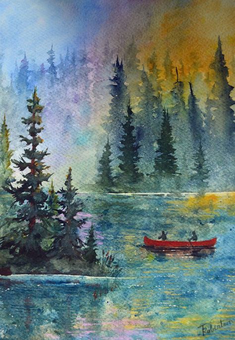 Red Canoe watercolor painting original, nature, serenity, the great outdoors, Colorado art, Terri Robertson Art, boating a mountain lake Canoe Art Paintings, Watercolor Colorado Mountains, Mountain Lake Watercolor, Canoe Painting Ideas, Camping Watercolor Painting, Watercolor Nature Paintings, Watercolor Silhouette Painting, Canoe Watercolor, River Watercolor Painting