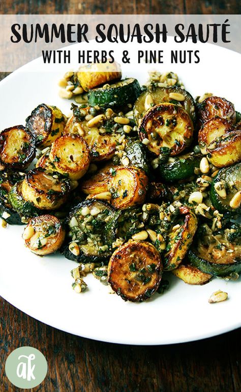 his sautéed zucchini recipe is so incredibly delicious. In essence you sauté summer squash and dress them with a knife pesto. Serve it with homemade bread and ricotta, if you're up for it, but on it's own it's so good too: there's the bite of the vinegar, the zing of the garlic, the sweet herbs, the crunchy nuts. #summer #squash #zucchini #saute Summer Squash And Mushroom Recipes, Grey Zucchini Squash Recipes, Creative Zucchini Recipes, Courgette Recipe, Sauteed Summer Squash, Sautéed Zucchini, Sauteed Squash, Squash Zucchini, Zucchini Recipe