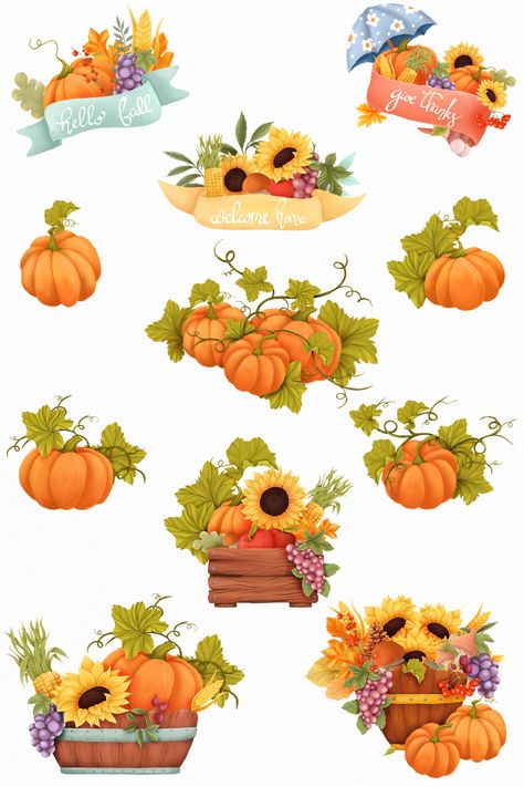 Fall Clip Art Free, Autumn Arrangements, Sunflower Orange, Pumpkins And Leaves, Thanksgiving Clip Art, Thanksgiving Clipart, Leaves Clipart, Pumpkin Sunflower, Fall Clip Art