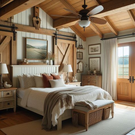 Farmhouse Bedroom Barn Door Headboard Barndominium Bedroom Ideas, Barn Bedroom Ideas, Barn Door Headboard, Rustic Farmhouse Bedroom Ideas, Yard Layout, Barn Bedroom, Bedroom Barn Door, Farm Bedroom, Barn Bedrooms