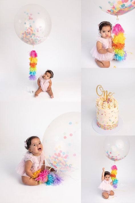 Such a cute Rainbow Cake Smash Session for a girl Rainbow Smash Cakes, Cake Smash Theme, Smash Cake Girl, 1st Birthday Photoshoot, Smash Cake Photoshoot, 1st Birthday Photos, Sweet Sixteen Parties, Rainbow Balloons, Cake Smash Outfit