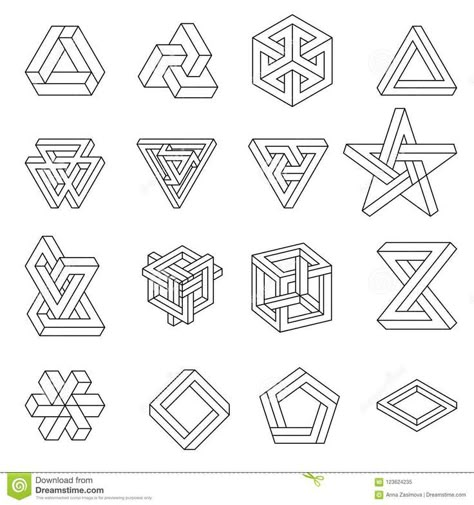 Set Of Impossible Shapes. Optical Illusion. Vector Illustration Isolated On White. Sacred Geometry. Black Lines On A Stock Vector - Illustration of circle, alchemy: 123624235 Circle Illusion, Typographie Logo, Impossible Shapes, Sacred Geometry Patterns, Dynamic Shapes, Illusion Drawings, Isometric Drawing, Geometric Pattern Art, Geometric Design Art