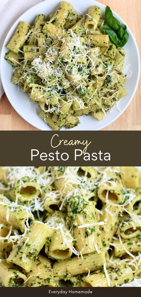 Enjoy a delicious Creamy Pesto Pasta with this quick and easy recipe! Perfect for summer dinners, this dish features basil pesto and can be customized with chicken, seafood, or vegetables. Best Pesto Pasta, Pesto Rigatoni, Creamy Pesto Pasta Recipe, Pesto Pasta Dishes, Best Pesto, Pesto Pasta Recipes Chicken, Homemade Basil Pesto, Basil Pesto Pasta, Creamy Pesto Chicken Pasta