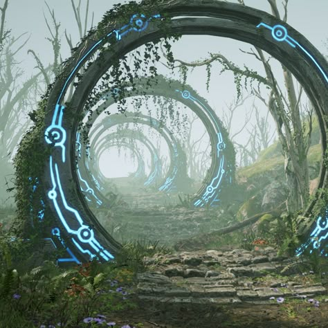 Portal Biome WIP, Mauricio Sotolongo on ArtStation at https://www.artstation.com/artwork/loXrk Sci Fi Nature Concept Art, Sci Fi Background Landscapes, Portal Sci Fi, 3d Reference Images, Future World Illustration, Sci Fi Nature, Magic Portal Art, Sci Fi Magic, Sci Fi Fantasy Aesthetic