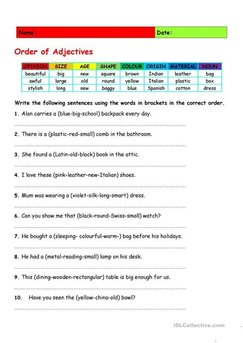 Order Of Adjectives Worksheet, Adjectives Esl, Adjectives Grammar, Adjectives Worksheet, Order Of Adjectives, Grammar Lesson Plans, Adjectives Activities, Adjective Words, English Adjectives