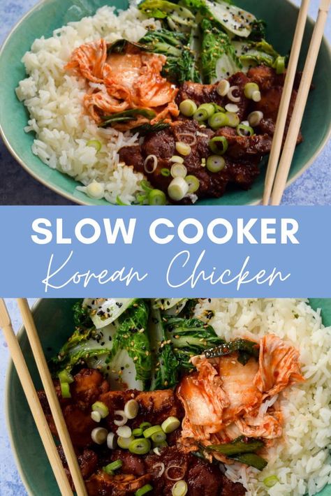 This delicious Korean-style slow cooker chicken is perfect served with a mountain of fluffy and aromatic Jasmine rice, sesame pak choi and lots of kimchi. It is perfect for meal prep! Crockpot Korean Chicken, Slow Cooker Korean Chicken, Slow Cook Chicken Recipes, Chicken Bulgogi Recipe, Chicken Kimchi, Fluffy Jasmine Rice, Slow Cooker Chicken Rice, Chicken Bulgogi, Pressure Cooker Recipes Chicken