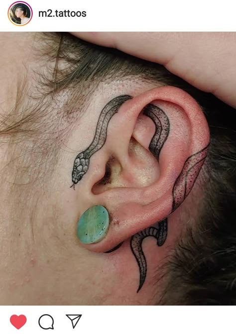 Snake ear tattoo Snake On Ear Tattoo, Snake Tattoos For Women Neck, Dragon Ear Tattoo For Women, Snake In Ear Tattoo, Beside Ear Tattoo Women, Woman Ear Tattoo, Octopus Ear Tattoo, Wrap Around Ear Tattoo, Ear Tats Tattoo