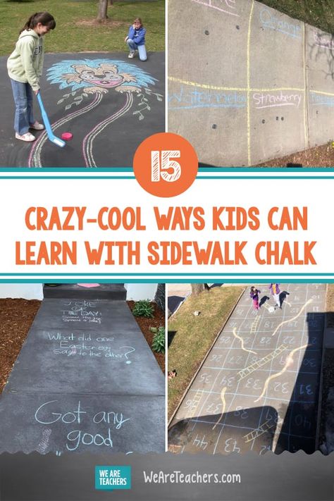 15 Crazy-Cool Ways Kids Can Learn With Sidewalk Chalk. These sidewalk chalk activities provide reading, math, creativity, and critical thinking practice, too! Fun for kids and their grown-ups. #outdooractivities #activities #activititesforkids #teachingmath #reading #elementaryschool #summerfun Chalk Activity Path, Sidewalk Chalk Activities, Chalk Activities, Outdoor Learning Activities, Writing Sight Words, Lesson Activities, Treasure Hunts, Outside Activities, Math Lesson Plans