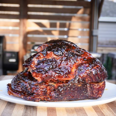 Smoked Honey Mustard Ham Smoked Ham Pitboss, Smoked Picnic Ham Recipes, Honey Smoked Ham, Smoked Shank Ham Recipes, Traeger Smoked Ham Recipes, Honey Roasted Ham, Spiral Ham On Pellet Grill, Smoked Christmas Ham, Dinner Ideas For Smoker