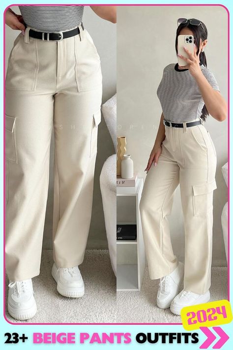 Beige cargo pants with a casual top for an effortlessly cool and rugged look. The pockets add edge, while the neutral tones keep it sleek and trendy, perfect for a day of running errands. Beige Pants Outfit Ideas, Beige Pants Outfits, Chinos Women Outfit, Beige Jeans Outfit, Beige Cargo Pants Outfit, Knit Pants Outfit, Beige Pants Outfit, Colored Pants Outfits, Beige Cargo Pants