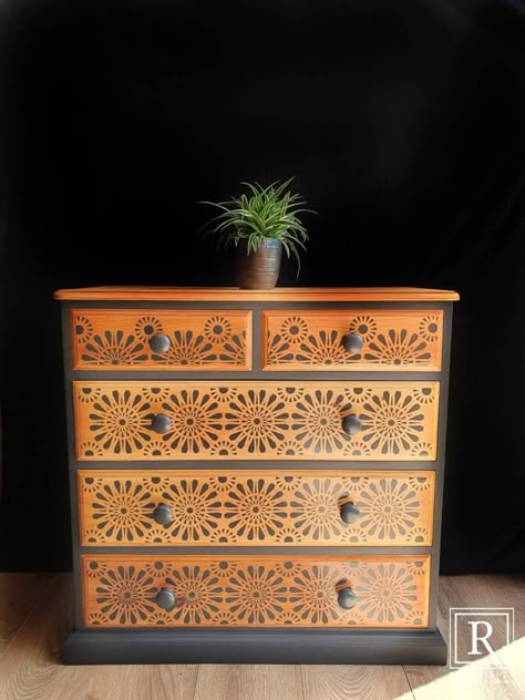 Upcycle Pine Chest Of Drawers, Pine Chest Of Drawers Makeover, Bedroom Chest Of Drawers Decor, Pine Furniture Bedroom, Bedroom Chest Of Drawers Styling, Boho Kitchen Ideas Bohemian Style, Boho Chest Of Drawers, Tulum Decor, Chest Of Drawers Upcycle