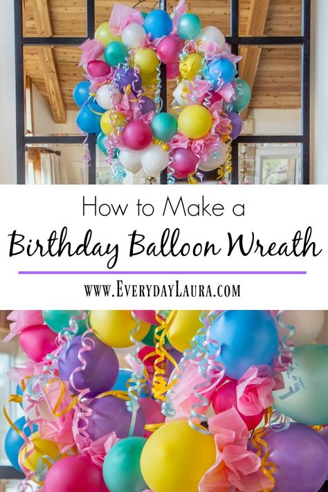 HOW TO MAKE A BIRTHDAY BALLOON WREATH | Everyday Laura Birthday Cemetery Ideas, Diy Birthday Balloon Arch, Birthday Door Decorations Office, Cemetery Birthday Ideas, Cemetery Birthday Decorations, Balloon Decorating Ideas, Balloon Wreath Diy, Birthday Wreaths, Homemade Birthday Decorations