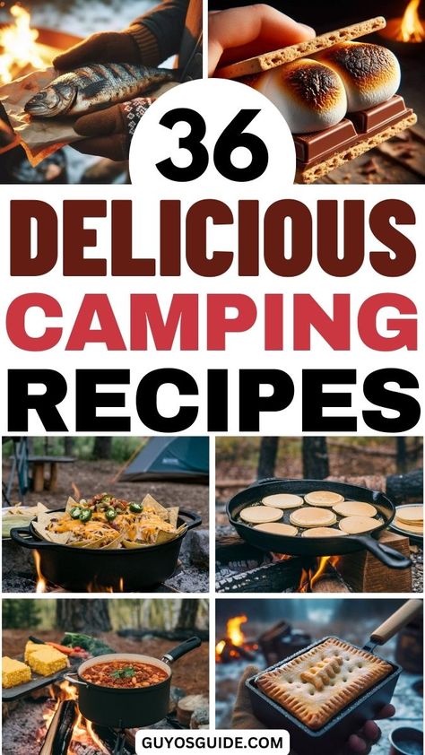 36 Delicious Camping Recipes Campfire Recipes Dinner, Easy Camping Grill Meals, Camp Fire Cooking Ideas, Camping Meal Recipes, Hobo Campfire Meals, Meals To Make While Camping, Best Campfire Meals, Fall Campfire Food, Camping Grill Recipes