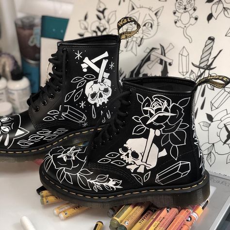 Custom painted Doc Martens boots Custom Painted Doc Martens, Custom Painted Boots, Painted Boots Diy, Custom Docs, Painted Doc Martens, Custom Doc Martens, Painted Boots, Red Doc Martens, Doc Martens Outfits