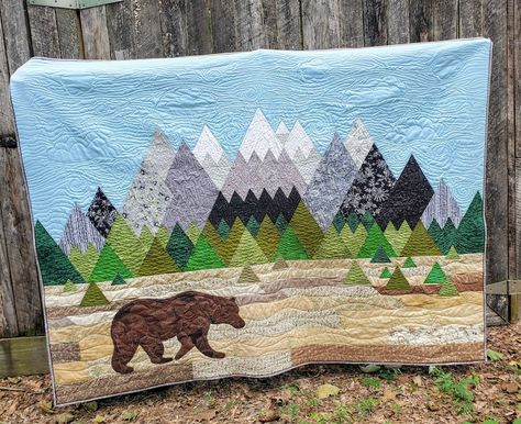 Mountain Quilt, Moose Family, Woodland Quilt, Mountain Quilts, Triangle Ruler, Raw Edge Applique, Bear Quilts, Landscape Quilts, Snow Caps