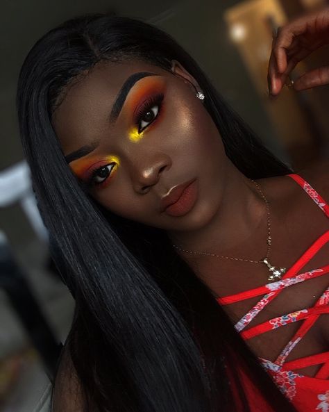 Like what you see? Follow me for more: @uhairofficial Fire Makeup Eye, Sunset Makeup Looks, Sunset Eyeshadow, Fire Makeup, Sunset Makeup, Face Beat Makeup, Black Unicorn, Face Beat, Black Women Makeup