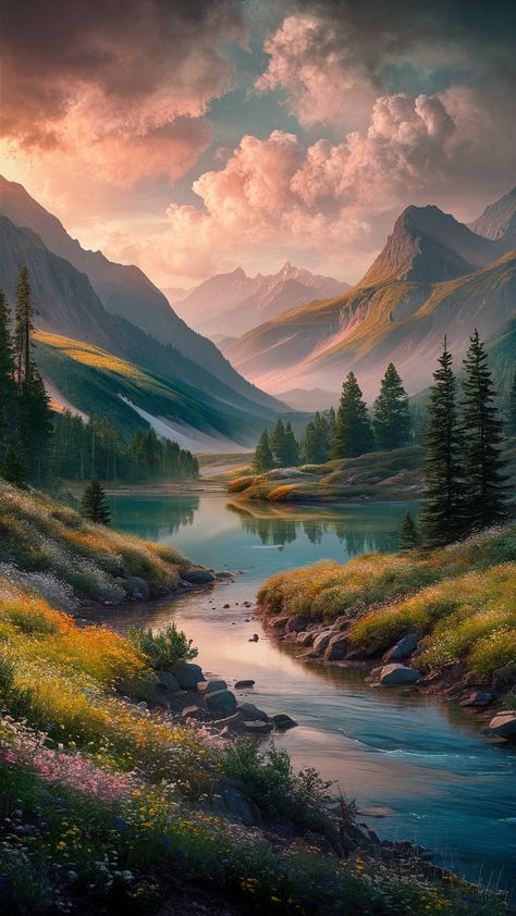 Immerse yourself in this breathtaking landscape wallpaper, showcasing a tranquil valley embraced by majestic mountains. Experience the rich colors and dramatic lighting reminiscent of Romanticism, as a gently flowing river mirrors the pastel morning sky. Lush wildflowers and a tranquil lake enhance the scene's harmony. Perfect for nature lovers, this artwork invites peace and reflection. #landscape #nature #wallpaper #scenery #Romanticism Lush Mountains, Big Paintings, Morning Flow, Reflection Landscape, Wallpaper Scenery, Indoor Courtyard, Disney World Wedding, Flowing River, Plant Room