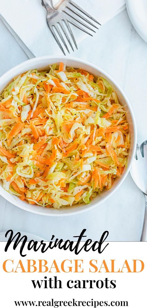 A quick cabbage and carrot salad that's left to marinate for 24 hours. Not too sour or salty, with a hint of sweetness from honey, and a touch of garlic. Carrot Cabbage Salad Recipes, Cabbage Carrot Salad, Marinated Cabbage, Cabbage And Carrot Salad, Irish Meals, Mediterranean Appetizers, Raw Cabbage, Carrot Salad Recipes, Carrot Slaw