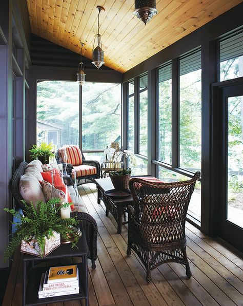 This Cozy Lodge Is Filled With Cool Canadiana - House & Home Turquoise Bathroom Tiles, Cottage Paint Colors, Cozy Lodge, Porch Kits, Porch Design Ideas, Screened Porch Designs, Cottage Designs, Building A Porch, Cottage Painting