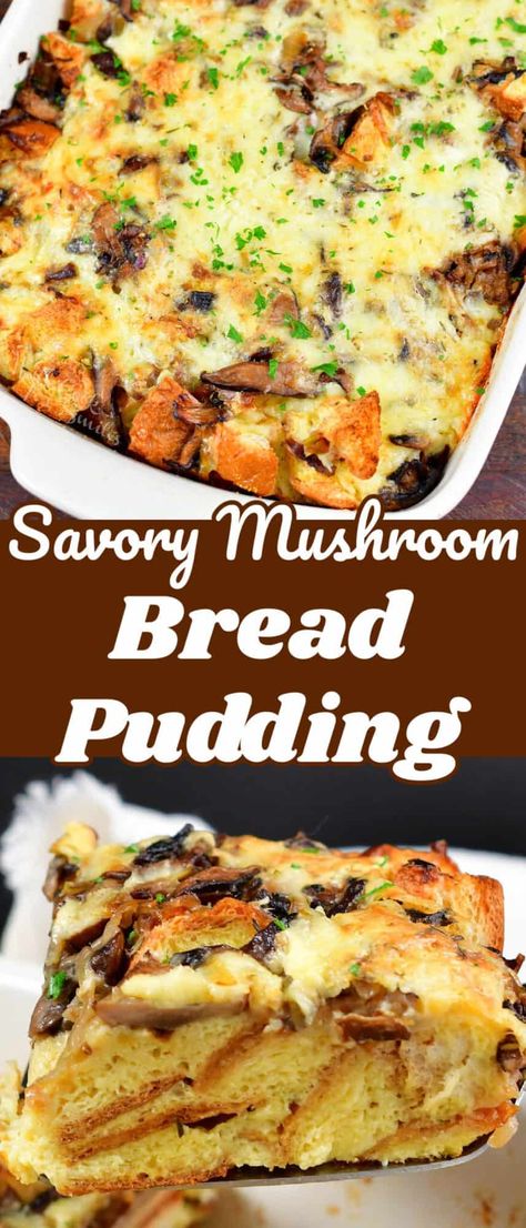 Mushroom Bread Pudding is a perfect option for a comforting, flavorful, and decadent weekend breakfast or brunch. This savory bread pudding is loaded with sautéed mushrooms, shallots, leeks, and garlic, and is flavored with earthy notes of rosemary and thyme. This comforting savory bread pudding tastes like the best mushroom soup! Savory Bread Pudding Recipe, Mushroom Bread, Mushroom Bread Pudding, Best Mushroom Soup, Savory Bread Pudding, Savory Bread Puddings, Baking Breads, Bread Puddings, Sautéed Mushrooms