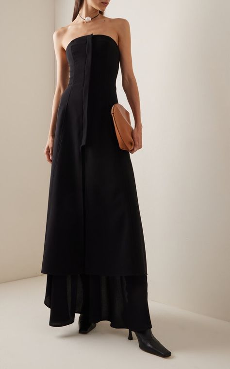 Maxi Black Dress, Proenza Schouler Dress, Black Dress Boots, Fantasy Gowns, Dress Boots, Strapless Maxi, Dreamy Dress, Strapless Maxi Dress, Black Matte