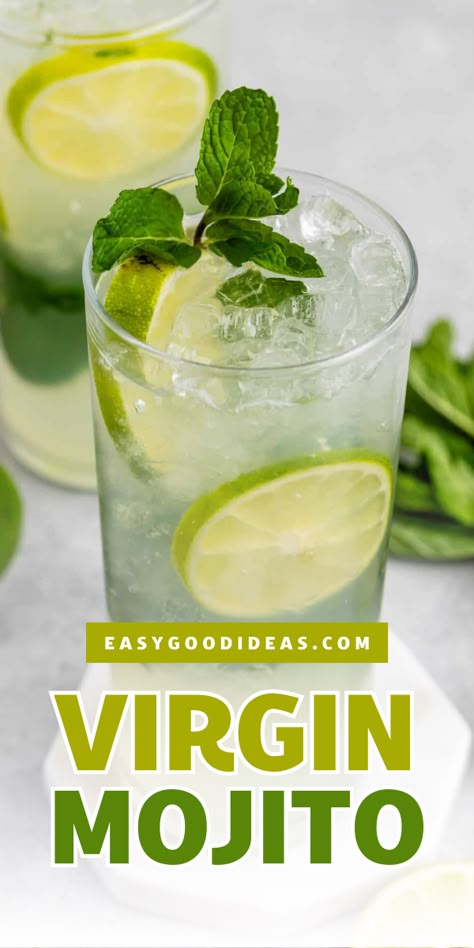 Looking for a refreshing drink from scratch? This Virgin Mojito is just like the traditional mojito cocktail without the alcohol! This mocktail recipe has a great minty flavor with sprigs of mint and limes. Pin this yummy nonalcoholic drink! Virgin Mojito Pitcher, Mint Mojito Recipe Non Alcoholic, Virgin Mint Mojito, Non Alcoholic Mojito Recipe, Virgin Mojito Recipe With Sprite, Mock Mojito Recipe, Mexican Drink Recipes Non Alcoholic, Mocktail Recipe Summer, Mint Drinks Nonalcoholic