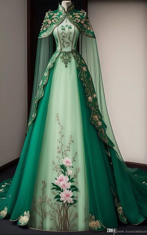 Green Fantasy Gown, Sewing Hobby, Engagement Gown, Royal Green, Light Green Color, Fantasy Dresses, Princess Ball Gowns, Dress Design Sketches, Fantasy Gowns