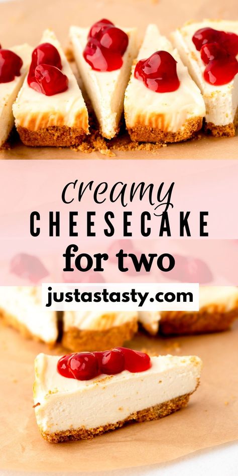 This creamy small batch cheesecake for two is the perfect date night dessert! Small Batch Cream Cheese Desserts, One Serving Cheesecake, No Bake Cheesecake For Two, Small Cheese Cakes Recipes, Small Batch No Bake Cheesecake, Cheesecake Recipes For Two, Cheesecake For Two Recipe, Small Recipes For Two, Small Batch Cheesecake Recipe