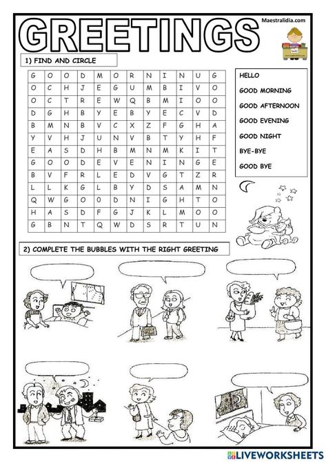 Greetings Worksheet Greeting Worksheet For Kids, Greetings Worksheets For Kids, Greetings Activities For Kids, Worksheets For Year 1, Greetings Worksheets, English Teaching Materials, English Activities For Kids, English For Beginners, English Exercises