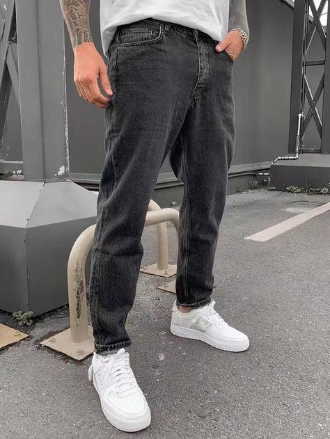 Dark Grey    Denim Plain Straight Leg Embellished Non-Stretch  Men Denim Men Grey Jeans Outfit, Dark Grey Jeans Outfit Men, Dark Jeans Outfit Men, Mens Pants Fashion Jeans, How To Style Grey Jeans, Grey Jeans Outfit Men, Asian Oc, Ultra Outfits, Dark Jeans Outfit