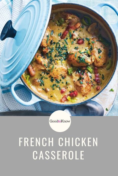 French chicken casserole is a delicious variation of coq au vin, but made with white wine for a lighter finish. This deliciously moreish French chicken casserole recipe takes just 20 minutes to assemble and then it can be left to gently bubble away until it’s thick and deliciously rich. #40minutemeals #chickencasserole #deliciouseasydinners French Chicken Casserole, Waitrose Recipes, French Chicken, Chicken Casserole Recipe, Casserole Chicken, Chicken Casserole Recipes, French Recipes, Recipes Casserole, Chicken Recipes Casserole