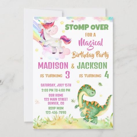 $2.95 | Unicorn and Dinosaur birthday invitation for two | Birthday Invitations | 1st birthday first birthday, 2nd birthday second birthday, little dinosaur combined birthday, boy and girl joint birthday, two theme unicorn and dinosaur, dinosaur invitation unicorn invitation, double twins siblings kids children, magical birthday party invite, dinosaur birthday invitation for two, rainbow unicorn birthday invitation Unicorn And Dinosaur Party Invitations, Dino And Unicorn Party, Trucks And Tiaras Birthday Party, Unicorn And Dinosaur Party, Unicorn Dinosaur Party, Tiaras Birthday Party, Rainbow Unicorn Birthday Invitations, Sibling Birthday Parties, Dinosaur Birthday Party Ideas