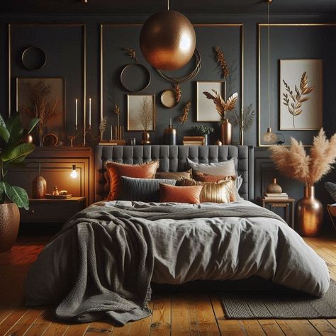 Dark Cozy Bedroom Rich Color Bedroom Ideas, Dark Cozy Bedding, Dark Moody Eclectic Bedroom, Bedroom Chocolate Brown, Dark Modern Boho Bedroom, Dark Colors Bedroom, Dark Charcoal Bedroom Walls, Cinnamon Slate Bedroom, Black Color Drenched Bedroom