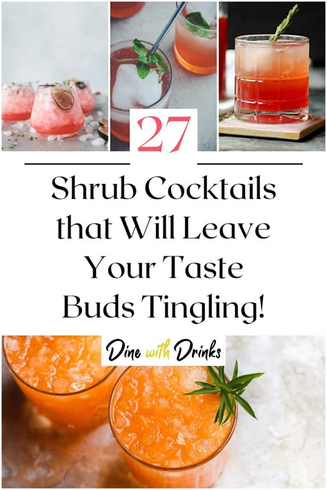 Collage of 4 shrub cocktails. Shrub Mocktails, Shrub Mocktail Recipe, Raspberry Shrub Cocktail, Shrubs For Drinks, Fruit And Herb Cocktails, Orange Shrub Recipe, Shrub Recipes How To Make, Shrubs For Cocktails, Strawberry Shrub Cocktail