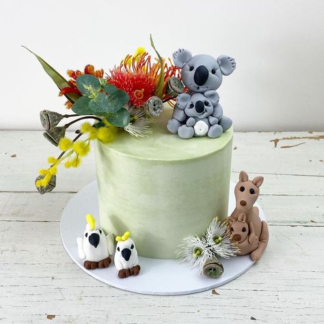 Australian Animals Birthday Party, Australiana Theme Party, Joey Birthday, Aussie Party, Gumnut Baby, Koala Cake, Australian Cake, Australia Cake, Animal Baby Shower Cake