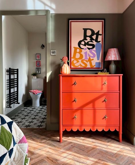 All posts • Instagram Eccentric Maximalist, Eccentric Bedroom, Orange Painted Furniture, Vibrant Bedroom, Homely House, Bedroom Paint Ideas, Dresser Styling, Bright Interior Design, Maximalist Bedroom