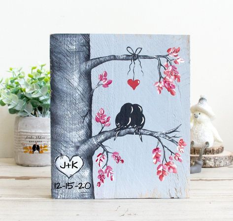 Anniversary Canvas Ideas, Wedding Gift Painting Ideas, Anniversary Art Ideas, Anniversary Painting Ideas For Him, Wedding Anniversary Painting, Anniversary Painting Ideas, Wedding Canvas Painting, Tree With Initials, Anniversary Painting