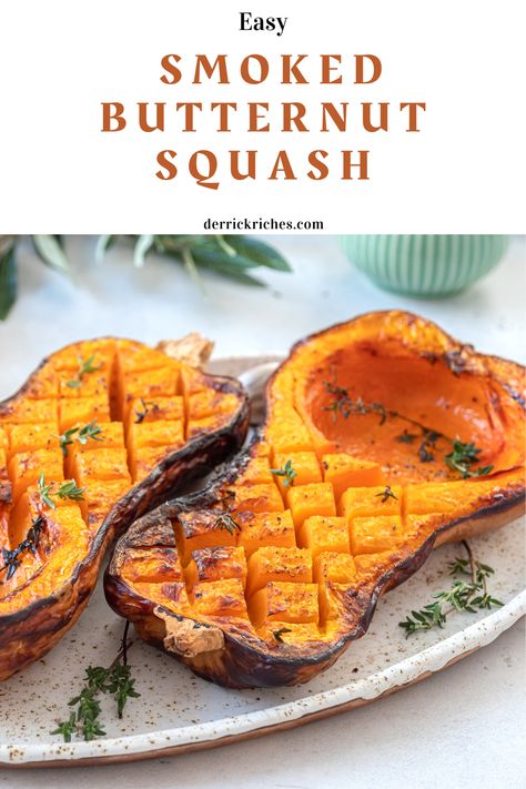 Smoked Butternut Squash Butternut Squash Grilled, Pellet Smoker Recipes Vegetables, Grilled Butternut Squash Recipes, Smoked Squash Recipes, Smoked Fall Recipes, Smoked Acorn Squash Recipes, Smoked Butternut Squash, Smoked Squash, Fall Smoker Recipes