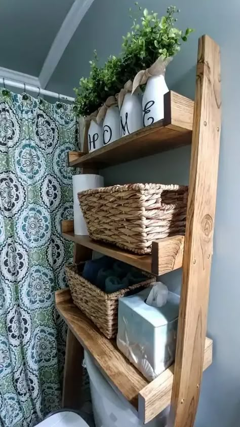 40+ DIY Rustic Decor Ideas on a Budget - HubPages Over The Toilet Shelf Diy, Diy Behind Toilet Shelves, Ladder Shelving Ideas, Bathroom Shelves Over Toilet Standing, Bathroom Tables Ideas, Over Toilet Ladder Shelf, Ladder Shelf Over Toilet, Diy Over The Toilet Storage, Behind Toilet Storage