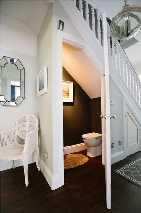 Powder room. The Space Under The Stairs, Space Under The Stairs, Room Under Stairs, تحت الدرج, Bathroom Under Stairs, Basement Inspiration, Under The Stairs, Small Basements, Stair Case