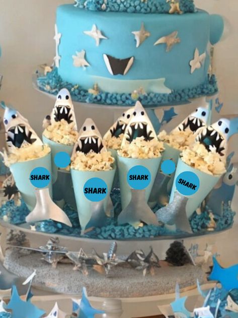 Shark Themed Birthday Party Ideas - Party Wowzy Shark Popcorn, Shark Themed Food, Creative Party Food Ideas, Family Day Ideas, Sharknado Party, Diy Unicorn Birthday Party, Yearbook Club, Shark Party Ideas, Shark Week Party