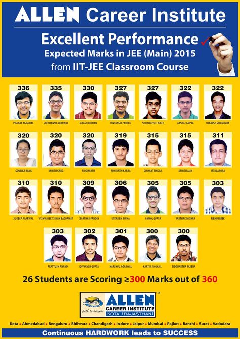 ✯✯ Excellent Performance✯ ✯  Expected Marks in JEE Main 2015 ✍ by ALLEN IIT JEE Classroom Students : 26 Students of ALLEN Career Institute  are scoring >= 300 Marks out of 360 in JEE Main 2015  .  ☏ +91-744-515-6100 Congratulations Design, School Results, Jee Main, Iit Jee, Pamphlet Design, Attack On Titan Eren, School Admissions, Lightroom Presets Free, Dream Board