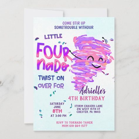 Create your own Invitation | Zazzle Birthday Theme For 4 Year Girl, 4 Themed Birthday Party Girl, 4th Birthday Party For Girls Theme Ideas, Four Nado Birthday Party Girl, 4th Girl Birthday Party Ideas, Fournado Birthday Party Girl, 4 Yr Birthday Ideas Girl, Girl Fourth Birthday Party Ideas, Fourth Birthday Theme Girl