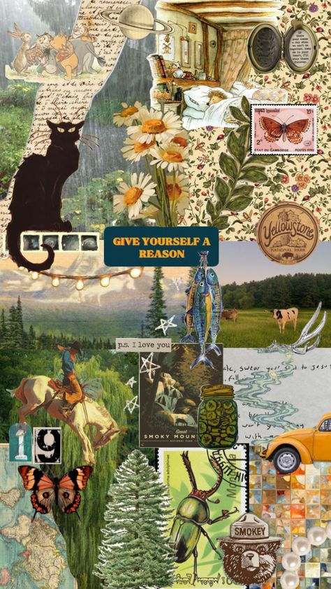 Maddie Core, Green Scrapbook, Hippie Core, Collage Nature, Vision Board Collage, Adventure Journal, Elephant Poster, Nature Collage, Noah Kahan