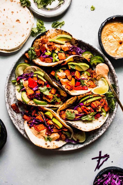 Chipotle Sweet Potato Tacos with the BEST Crema! - Platings + Pairings Healthy Potato Leek Soup, Sweet Potato Bowl, Vegetarian Taco, Potato Bowl, Chipotle Crema, Sweet Potato Bowls, Veggie Tacos, Sweet Potato Tacos, Healthy Potatoes