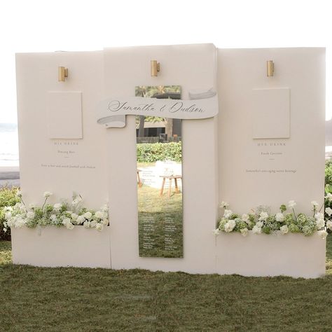 One of the best things about getting married in Bali is the creatives, stylists and designers you have access to to create unique pieces for your day. @thehosttable specialises in custom-designed pieces for your events whether it be a seating chart, signage, a welcome drink window or why not combine the three like this right here. Save this one for later or reach out for a customer piece of your own 🌿 📋 @viliaweddings 🎀 @paper_diamonds 📍@sooribali 🛋️ @thehosttable 📸 @dear.vincent @joeywilli... Reception Seating Chart Ideas, Event Signage Ideas, Table Assignment Ideas, Seating Chart Signage, Unique Seating Chart, Seat Chart, Acrylic Seating Chart, Reception Seating Chart, Bar Business